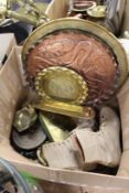 Various copper and brass ware, weighing scales and a pair of old ice skating boots.