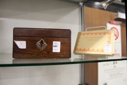A small Victorian rosewood sewing box and an alphabet book.