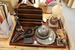 A mahogany tray, a miniature pair of bellows, a corkscrew and other collectables.