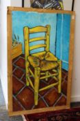 After Van Gogh, a study of a chair, oil on paper laid onto board, unframed.