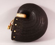 AN 18TH / 19TH CENTURY INDIAN CARVED HARDWOOD & BONE POWDER FLASK, carved with a ribbed body and