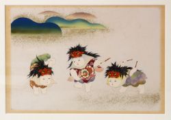 A EARLY 20TH CENTURY JAPANESE WOODBLOCK PRINT - JAPANESE FESTIVAL, depicting three festival actors