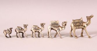 A GROUP OF 5 925 MARKED SILVER COLOURED TURKISH GRADUATED CAMEL FIGURES, the larger with a more