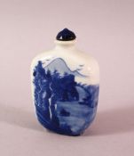 A CHINESE PORCELAIN BLUE AND WHITE SNUFF BOTTLE decorated with landscape, 7cm high.