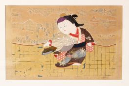 A EARLY 20TH CENTURY JAPANESE WOODBLOCK PRINT - depicting figure with a landscape backdrop, with