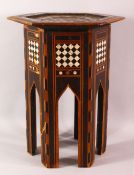 A SMALL MOORISH INLAID HEXAGONAL TOP TABLE - the table inlaid with mother of pearl ( with losses )