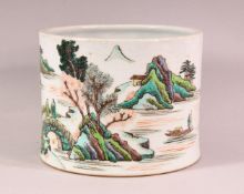 A CHINESE FAMILLE ROSE PORCELAIN BRUSH WASH / POT, depicting figures stood in native waterside