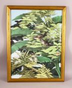 A LARGE BALI PAINTING ON TEXTILE OF BIRDS -- the painting depicting birds amongst flora, 66cm x