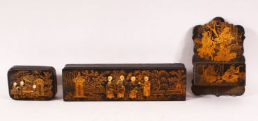 THREE CHINESE GILT LACQUER PIECES, comprising of one pen box, one smaller box and one match box/