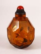 A CHINESE REVERSE PAINTED AMBER GLASS SNUFF BOTTLE - painted depicting 6 cranes with gold flake, 7.