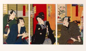 A JAPANESE MEIJI PERIOD WOOD BLOCK PRINT TRIPTYCH - KUNICHIKA TOYOHARA 1835 - 1900 - KABUKI