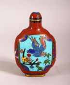 A CHINESE CLOISONNE SNUFF BOTTLE - decorated with a red ground and wire clouds with two panels of