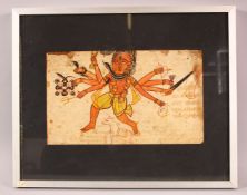A 19TH CENTURY INDIAN PAINTING ON PAPER OF KALI, framed and glazed, 31cm x 25.5cm overall.