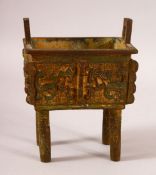 A CHINESE ARCHAIC STYLE TWIN HANDLE CENSER & STAND - with archaic style decoration and wooden