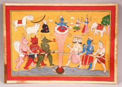 A FINE INDIAN MINIATURE PAINTING OF KRISHNA, with various gods, deities and animals, unframed, 26.