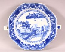A CHINESE EXPOST BLUE & WHITE PORCELAIN WARMING PLATE - decorated with scenes of native