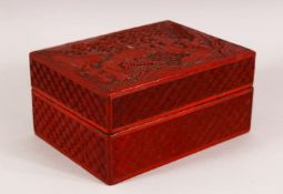 A CHINESE CINNABAR LACQUER LIDDED BOX, decorated with scenes of figures in landscapes, 16cm x 12cm