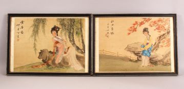 A PAIR OF 20TH CENTURY CHINESE PAINTINGS ON SILK - each depicting a figure in landscape settings,
