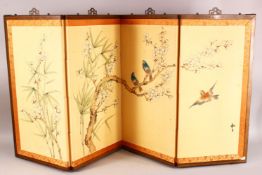 A CHINESE SILK PAINTED FOUR FOLD TABLE SCREEN - painted on silk to depict scenes of birds amongst