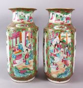 A PAIR OF 19TH CENTURY CHINESE CANTON FAMILLE ROSE PORCELAIN LANTERN VASES / LAMPS, each with panels