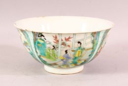 A CHINESE FAMILLE VERTE PORCELAIN BOWL, the bowl decorated with figures in various settings, the