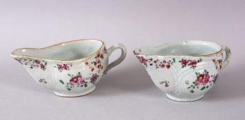 A PAIR OF 18TH CENTURY CHINESE EXPORT FAMILLE ROSE PORCELAIN SAUCE BOATS, each decorated in a