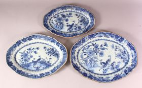 3 X 18TH CENTURY CHINESE BLUE & WHITE PORCELAIN MEAT DISHES - each dish decorated with scenes of