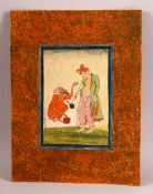 A 19TH CENTURY INDO PERSIAN MINIATURE PAINTING OF TWO MEN, unframed, 30.5cm x 23cm.