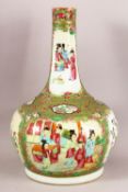 A 19TH CENTURY CHINESE CANTON FAMILLE ROSE PORCELAIN BOTTLE VASE - with panel decoration of figures,