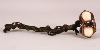 A CHINESE INLAID BRONZE RUYI SCEPTER - inlaid with semi precious stones, 28cm