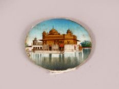 A VERY SMALL SIKH SCHOOL OVAL MINIATURE PAINTING ON IVORY of The Golden Temple, Punjab, 30mm x