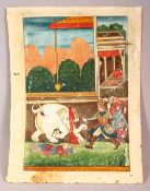 A 19TH CENTURY PERSIAN PAINTING OF RUSTAM KILLING THE WHITE ELEPHANT, the verso with manuscript,