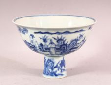 A CHINESE BLUE & WHITE PORCELAIN STEM BOWL - decorated with views of figures in a landscape setting,