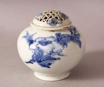A JAPANESE MEIJI PERIOD HIRADO PORCELAIN BLUE & WHITE KORO & COVER - the body of the koro