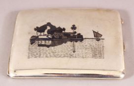 A FINE IRAQI NIELLO SILVER CIGARETTE CASE, both sides engraved with boating scene, signed to the