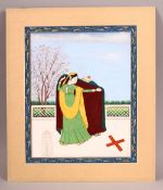 A GOOD INDIAN MINIATURE PAINTING OF A LADY HIDING HER LOVER, in a mounted border - unframed, 30cm
