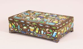 A CHINESE WHITE METAL & ENAMEL LIDDED BOX - the box with raised enamel decoration depicting precious