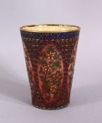 A CHINESE 19TH CENTURY CLOSIONNE BEAKER, with floral motif decorated panels and enameled interior,