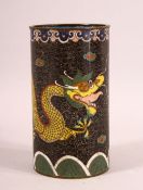 A 19TH CENTURY CHINESE CLOISONNE DRAGON BRUSH POT - depicting a five claw dragon chasing the pearl