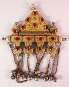 A TURKISH METAL INLAID BRIDES NECKLACE, with gilded decoration around inlaid semi precious stones,