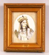 A 19TH CENTURY INDIAN IVORY SLITHER PAINTING OF A FEMALE - the female with head dress and gowns,