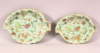 TWO 19TH CENTURY CHINESE CANTON FAMILLE ROSE CELADON LEAF DISHES - the porcelain dishes decorated
