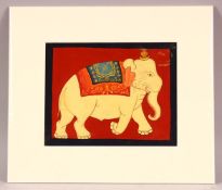 A 20TH CENTURY PAINTING OF AN ELEPHANT, mounted, unframed, 28.5cm x 24.5cm overall.