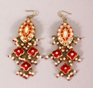 A PAIR OF PERSIAN QAJAR ENAMELLED EARRINGS, inset with semi precious stones and with small pearls/