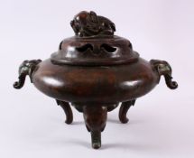 A VERY HEAVY CHINESE BRONZE TWIN ELEPHANT HANDLE INCENSE BURNER & COVER, the burner with twin