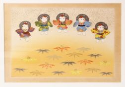 A EARLY 20TH CENTURY JAPANESE WOODBLOCK PRINT - JAPANESE FESTIVAL - depicting five actors with maple