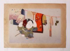 A EARLY 20TH CENTURY JAPANESE WOODBLOCK PRINT - JAPANESE FESTIVAL - a female figure holding a fan