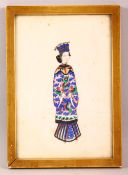 A 19TH CENTURY CHINESE RICE PAPER PAINTING OF A FEMALE FIGURE - depicting an official figure in