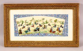 A PERSIAN HAND PAINTED HUNTING SCENE ON BONE SLITHER, contained within a typical micro mosaic frame,
