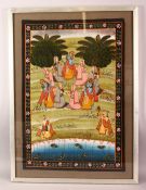 A HAND PAINTED INDIAN SILK PANEL / PICHWAI, depicting three blue skin goddesses with female
